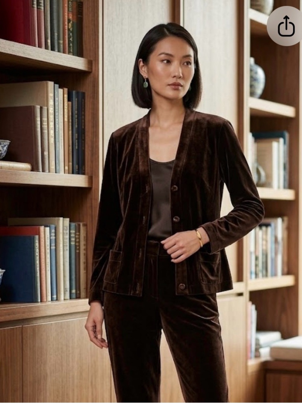 Shanghai Tang Brown Velvet V-Neck Cardigan Jacket Frog Buttons Pockets Medium